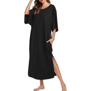 image:imageEkouaer Womens Nightgown Short Sleeve Sleepshirt Long Loungewear Casual Maxi Lounge Dress House Dresses with PocketsBlack