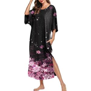 image:imageEkouaer Womens Nightgown Short Sleeve Sleepshirt Long Loungewear Casual Maxi Lounge Dress House Dresses with PocketsCherry Blossoms Black