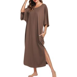 image:imageEkouaer Womens Nightgown Short Sleeve Sleepshirt Long Loungewear Casual Maxi Lounge Dress House Dresses with PocketsCoffee