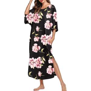 image:imageEkouaer Womens Nightgown Short Sleeve Sleepshirt Long Loungewear Casual Maxi Lounge Dress House Dresses with PocketsFlower Black
