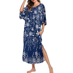 image:imageEkouaer Womens Nightgown Short Sleeve Sleepshirt Long Loungewear Casual Maxi Lounge Dress House Dresses with PocketsFlower Navy