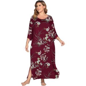 image:imageEkouaer Womens Nightgown Short Sleeve Sleepshirt Long Loungewear Casual Maxi Lounge Dress House Dresses with PocketsFlower Wine Red