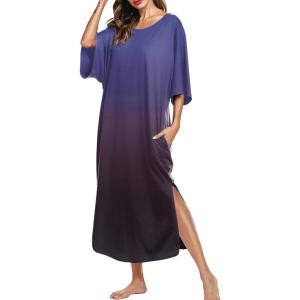 image:imageEkouaer Womens Nightgown Short Sleeve Sleepshirt Long Loungewear Casual Maxi Lounge Dress House Dresses with PocketsGradients Purple