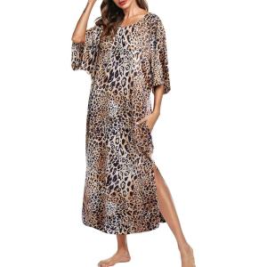 image:imageEkouaer Womens Nightgown Short Sleeve Sleepshirt Long Loungewear Casual Maxi Lounge Dress House Dresses with PocketsLeopard