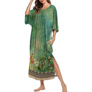 image:imageEkouaer Womens Nightgown Short Sleeve Sleepshirt Long Loungewear Casual Maxi Lounge Dress House Dresses with PocketsRetro Ethnic Print