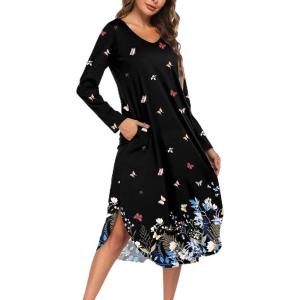 image:imageEkouaer Womens Nightgown V Neck Nightshirts Long Sleeve Sleepwear with Pockets S4XLBlack Butterfly Flower