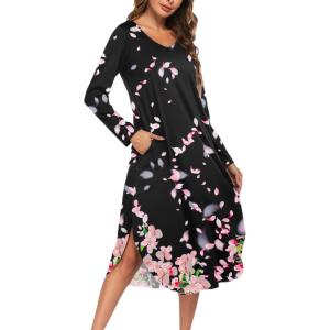 image:imageEkouaer Womens Nightgown V Neck Nightshirts Long Sleeve Sleepwear with Pockets S4XLBlack Flower