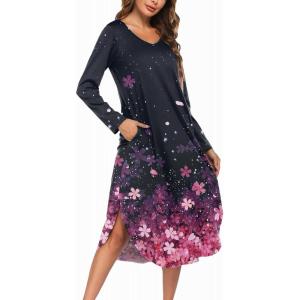 image:imageEkouaer Womens Nightgown V Neck Nightshirts Long Sleeve Sleepwear with Pockets S4XLBlack Sakura