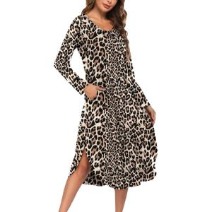 image:imageEkouaer Womens Nightgown V Neck Nightshirts Long Sleeve Sleepwear with Pockets S4XLLeopard