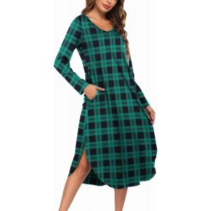 image:imageEkouaer Womens Nightgown V Neck Nightshirts Long Sleeve Sleepwear with Pockets S4XLPlaid Green