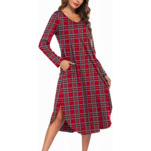 image:imageEkouaer Womens Nightgown V Neck Nightshirts Long Sleeve Sleepwear with Pockets S4XLPlaid Red