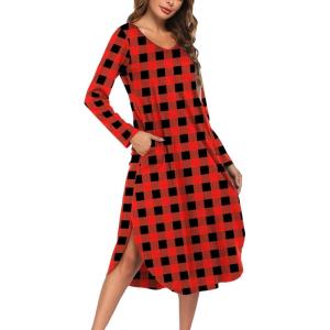 image:imageEkouaer Womens Nightgown V Neck Nightshirts Long Sleeve Sleepwear with Pockets S4XLPlaid Red Black