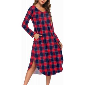 image:imageEkouaer Womens Nightgown V Neck Nightshirts Long Sleeve Sleepwear with Pockets S4XLPlaid Red Navy