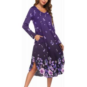 image:imageEkouaer Womens Nightgown V Neck Nightshirts Long Sleeve Sleepwear with Pockets S4XLPurple Floral