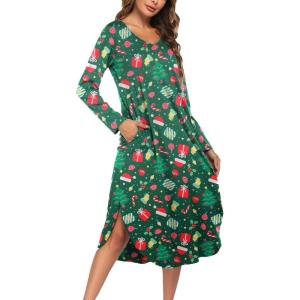 image:imageEkouaer Womens Nightgown V Neck Nightshirts Long Sleeve Sleepwear with Pockets S4XLXmas Green