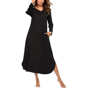 image:imageEkouaer Womens Nightgown VNeck Loungewear Long Sleeve Sleepwear Full Length Nightgown for Women S4XLAll Black