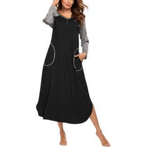 image:imageEkouaer Womens Nightgown VNeck Loungewear Long Sleeve Sleepwear Full Length Nightgown for Women S4XLBlack