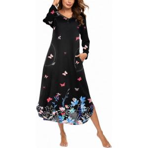 image:imageEkouaer Womens Nightgown VNeck Loungewear Long Sleeve Sleepwear Full Length Nightgown for Women S4XLBlack Butterfly