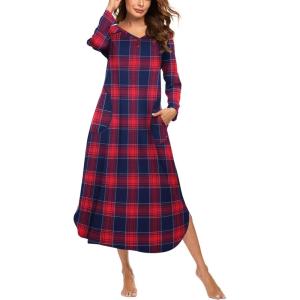 image:imageEkouaer Womens Nightgown VNeck Loungewear Long Sleeve Sleepwear Full Length Nightgown for Women S4XLBlue  Black Plaid