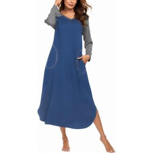 image:imageEkouaer Womens Nightgown VNeck Loungewear Long Sleeve Sleepwear Full Length Nightgown for Women S4XLBlue