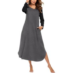 image:imageEkouaer Womens Nightgown VNeck Loungewear Long Sleeve Sleepwear Full Length Nightgown for Women S4XLGrey