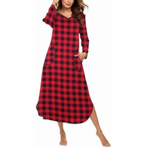 image:imageEkouaer Womens Nightgown VNeck Loungewear Long Sleeve Sleepwear Full Length Nightgown for Women S4XLRed  Black Plaid