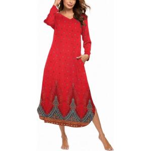 image:imageEkouaer Womens Nightgown VNeck Loungewear Long Sleeve Sleepwear Full Length Nightgown for Women S4XLRed Feather
