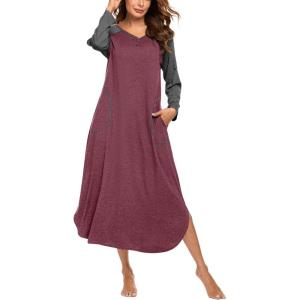 image:imageEkouaer Womens Nightgown VNeck Loungewear Long Sleeve Sleepwear Full Length Nightgown for Women S4XLWine Red