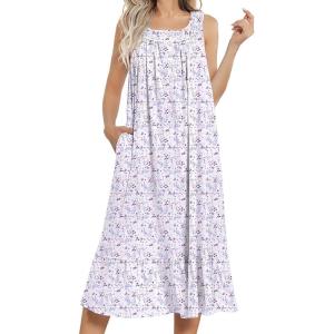 image:imageEkouaer Womens Nightgowns Long Sleeveless Night gown with Pockets Soft Ladies NightdressLeaf Purple
