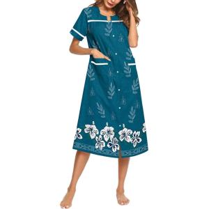image:imageEkouaer Womens Snap Front Dusters Cotton Housecoat Short Sleeve Nightgown House Dress With PocketsBlue White Floral