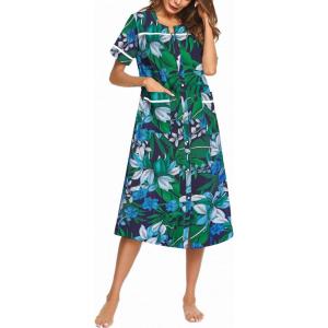 image:imageEkouaer Womens Snap Front Dusters Cotton Housecoat Short Sleeve Nightgown House Dress With PocketsDark Green Floral