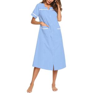 image:imageEkouaer Womens Snap Front Dusters Cotton Housecoat Short Sleeve Nightgown House Dress With PocketsLavender