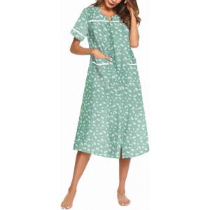 image:imageEkouaer Womens Snap Front Dusters Cotton Housecoat Short Sleeve Nightgown House Dress With PocketsLight Green Floral
