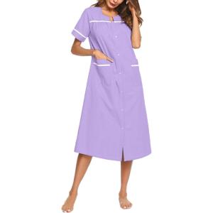 image:imageEkouaer Womens Snap Front Dusters Cotton Housecoat Short Sleeve Nightgown House Dress With PocketsLilac