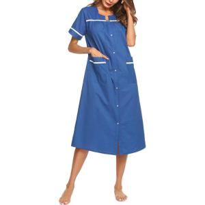 image:imageEkouaer Womens Snap Front Dusters Cotton Housecoat Short Sleeve Nightgown House Dress With PocketsNavy