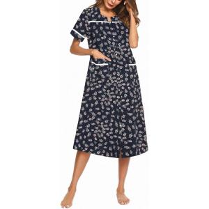 image:imageEkouaer Womens Snap Front Dusters Cotton Housecoat Short Sleeve Nightgown House Dress With PocketsNavy Floral