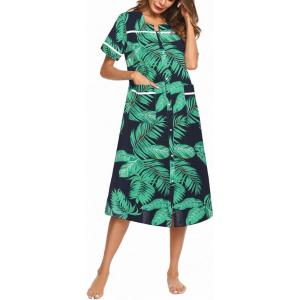 image:imageEkouaer Womens Snap Front Dusters Cotton Housecoat Short Sleeve Nightgown House Dress With PocketsNavy Leaf
