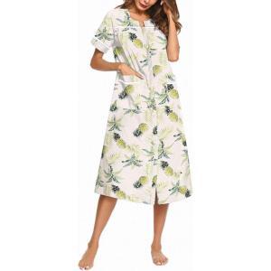 image:imageEkouaer Womens Snap Front Dusters Cotton Housecoat Short Sleeve Nightgown House Dress With PocketsWhite Pineapple