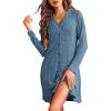 image:imageEkouaer Nightgowns for Women Button Down Night Shirt Long Sleeve Ribbed Knit VNeck Sleepwear Pajama DressBlue