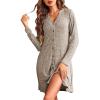 image:imageEkouaer Nightgowns for Women Button Down Night Shirt Long Sleeve Ribbed Knit VNeck Sleepwear Pajama DressCamel