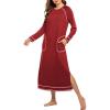 image:imageEkouaer Womens Nightshirt Long Sleeve Nightgown Round Neck Sleepwear Full Length Pajama Dress with Pockets Loungewear SXXLAwine Red