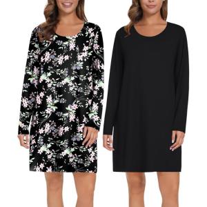 image:imageEkouaer 2 Pack Long Sleeve Sleep Shirts for Women Soft Night Shirts Pullover Nightgowns Comfy Night Gowns Dress S3XLBlackfloral