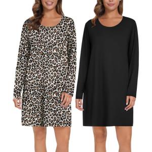 image:imageEkouaer 2 Pack Long Sleeve Sleep Shirts for Women Soft Night Shirts Pullover Nightgowns Comfy Night Gowns Dress S3XLBlackleopard