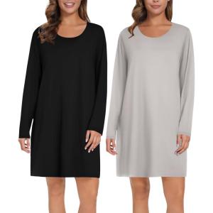image:imageEkouaer 2 Pack Long Sleeve Sleep Shirts for Women Soft Night Shirts Pullover Nightgowns Comfy Night Gowns Dress S3XLBlacklight Grey