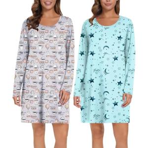 image:imageEkouaer 2 Pack Long Sleeve Sleep Shirts for Women Soft Night Shirts Pullover Nightgowns Comfy Night Gowns Dress S3XLCartoon Cupblue Star