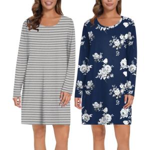 image:imageEkouaer 2 Pack Long Sleeve Sleep Shirts for Women Soft Night Shirts Pullover Nightgowns Comfy Night Gowns Dress S3XLGrey Stripedblue Floral