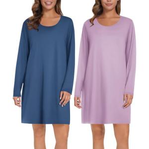 image:imageEkouaer 2 Pack Long Sleeve Sleep Shirts for Women Soft Night Shirts Pullover Nightgowns Comfy Night Gowns Dress S3XLLight Purplenavy