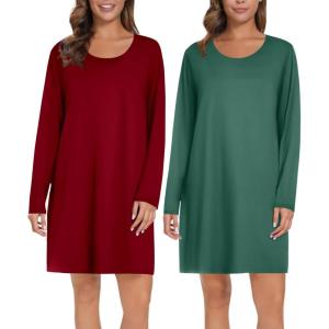 image:imageEkouaer 2 Pack Long Sleeve Sleep Shirts for Women Soft Night Shirts Pullover Nightgowns Comfy Night Gowns Dress S3XLWine Redevergreen