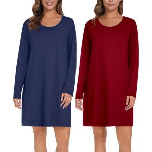 image:imageEkouaer 2 Pack Long Sleeve Sleep Shirts for Women Soft Night Shirts Pullover Nightgowns Comfy Night Gowns Dress S3XLWine Rednavy