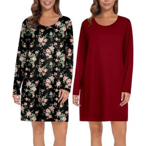 image:imageEkouaer 2 Pack Long Sleeve Sleep Shirts for Women Soft Night Shirts Pullover Nightgowns Comfy Night Gowns Dress S3XLWine Redrose